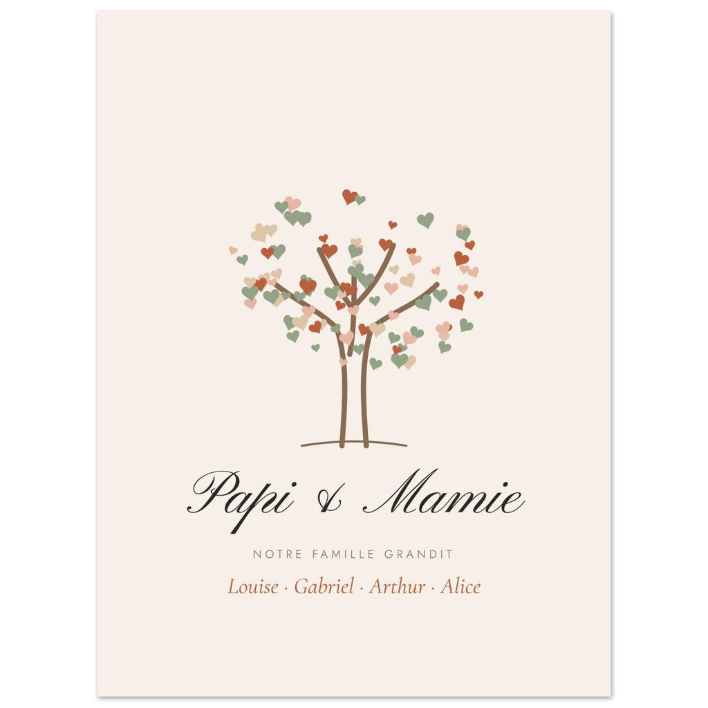 Affiche grands-parents personnalisée Arbre de vie, format 45 × 60 cm, vue à plat avec des textes d’exemple