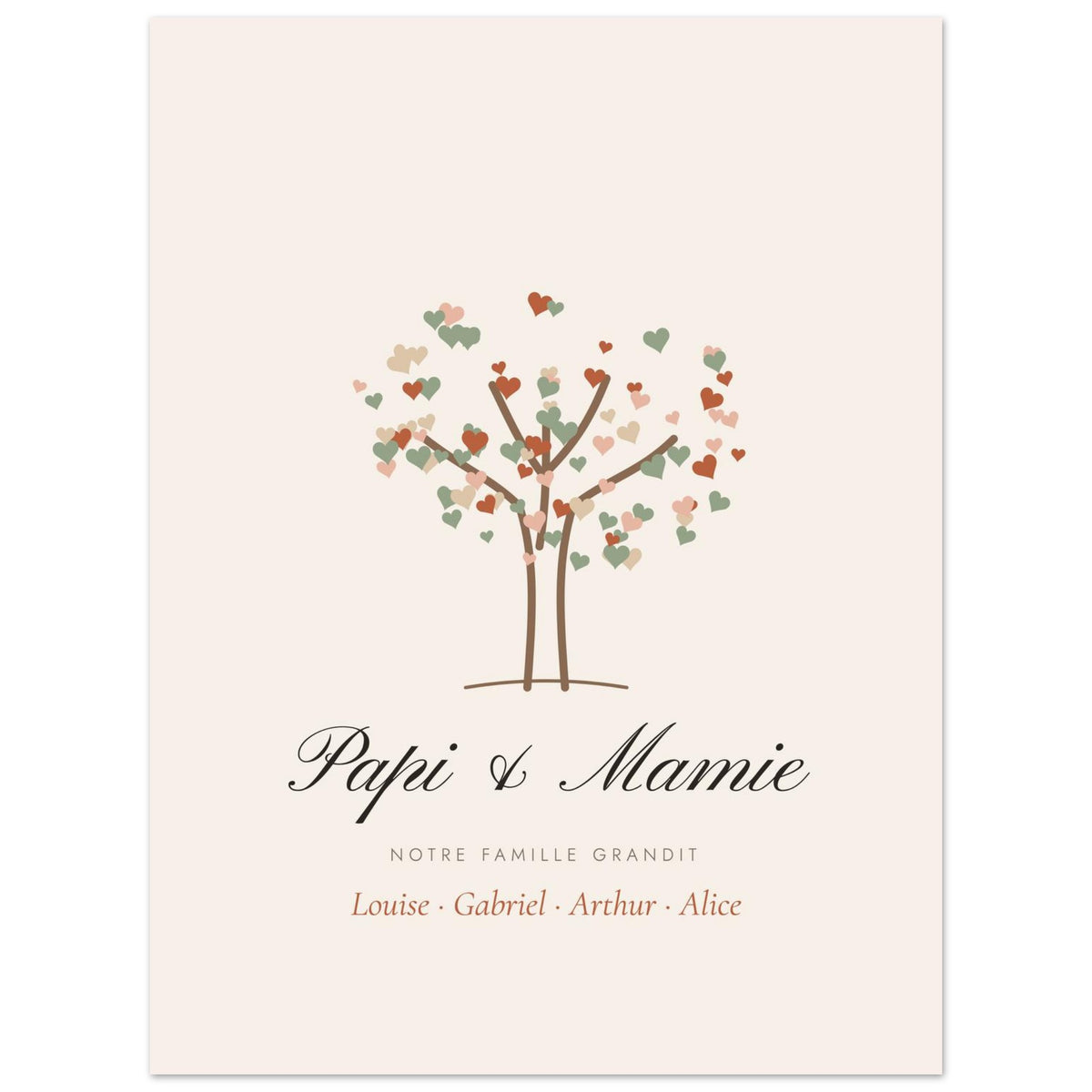 Affiche grands-parents personnalisée Arbre de vie, format 45 × 60 cm, vue à plat avec des textes d’exemple