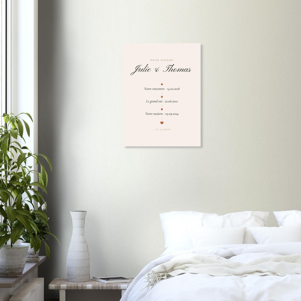 Affiche couple personnalisée Notre histoire accrochée au-dessus d’un lit