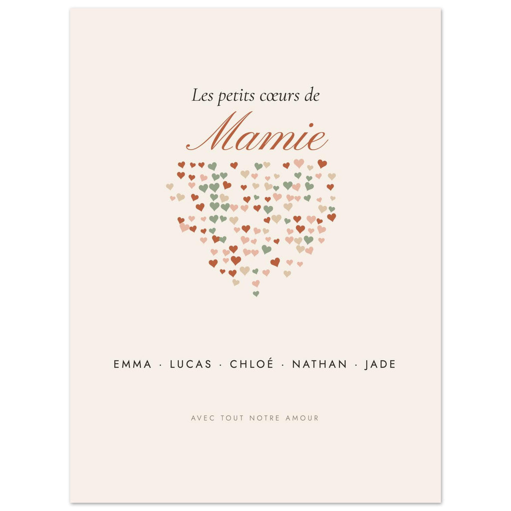 Affiche Les petits cœurs de Mamie personnalisée, format 45 × 60 cm, vue à plat avec des textes d’exemple
