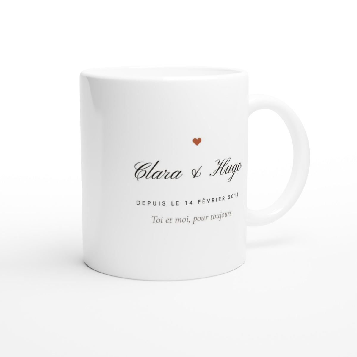 Mug couple personnalisé Cœur, côté date et phrase