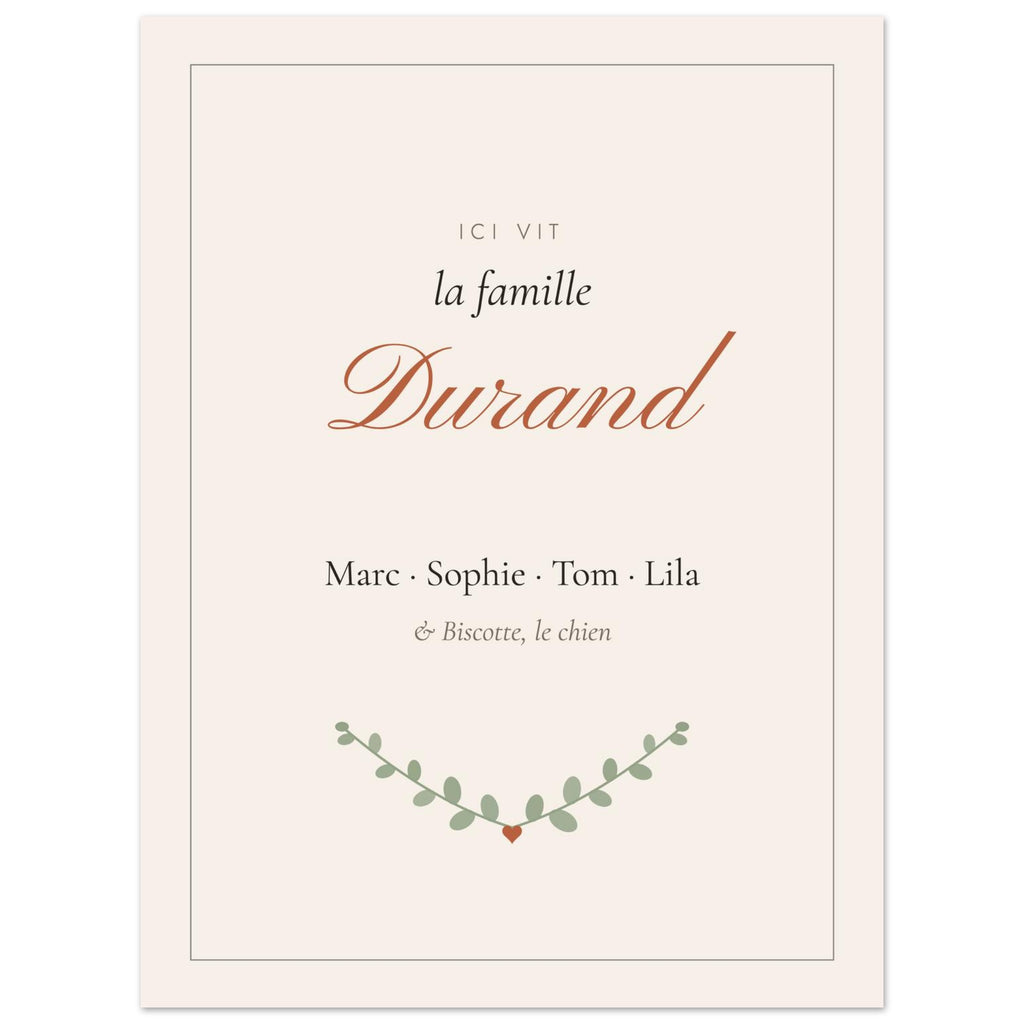 Affiche famille personnalisée Ici vit la famille, format 45 × 60 cm, vue à plat avec des textes d’exemple