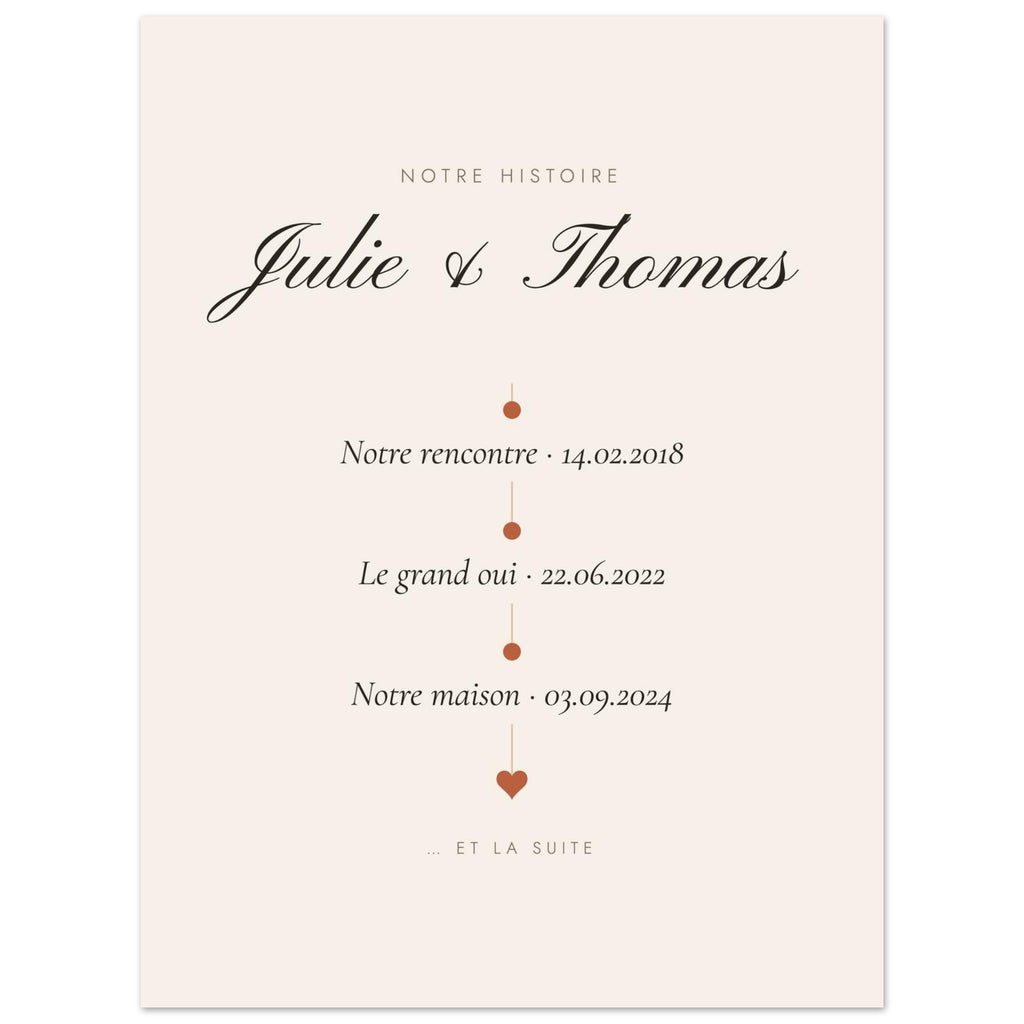Affiche couple personnalisée Notre histoire, vue à plat avec des textes d’exemple