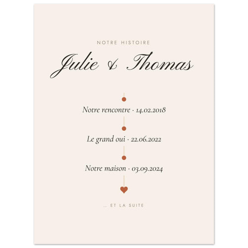 Affiche couple personnalisée Notre histoire, vue à plat avec des textes d’exemple