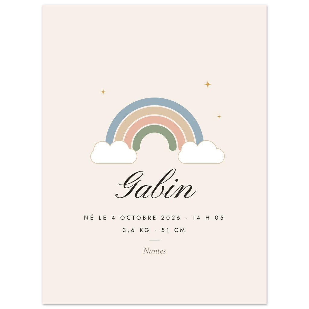 Affiche de naissance personnalisée Arc-en-ciel, format 45 × 60 cm, vue à plat avec des textes d’exemple