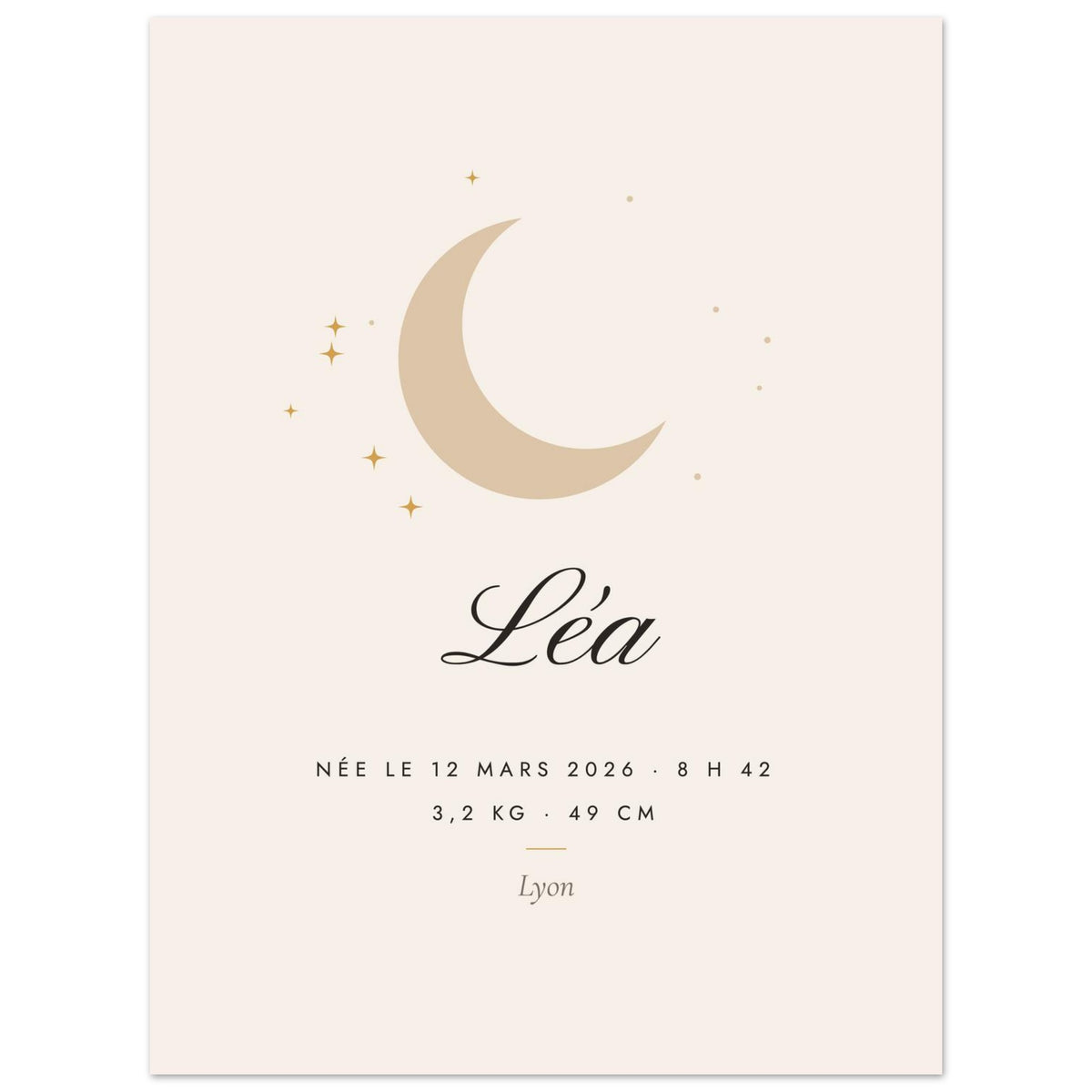 Affiche de naissance personnalisée Lune, format 45 × 60 cm, vue à plat avec des textes d’exemple
