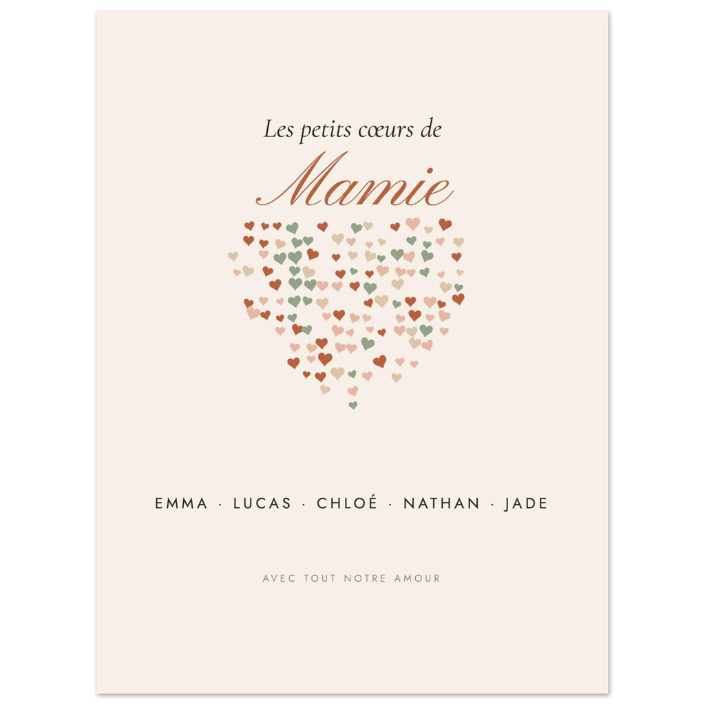 Affiche Les petits cœurs de Mamie personnalisée, vue à plat avec des textes d’exemple