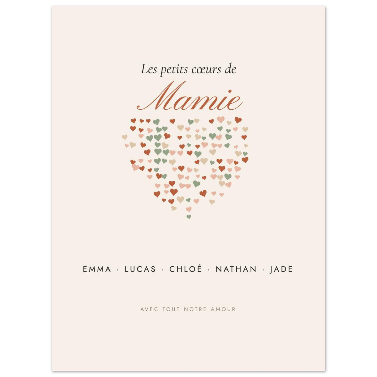 Affiche Les petits cœurs de Mamie personnalisée, vue à plat avec des textes d’exemple