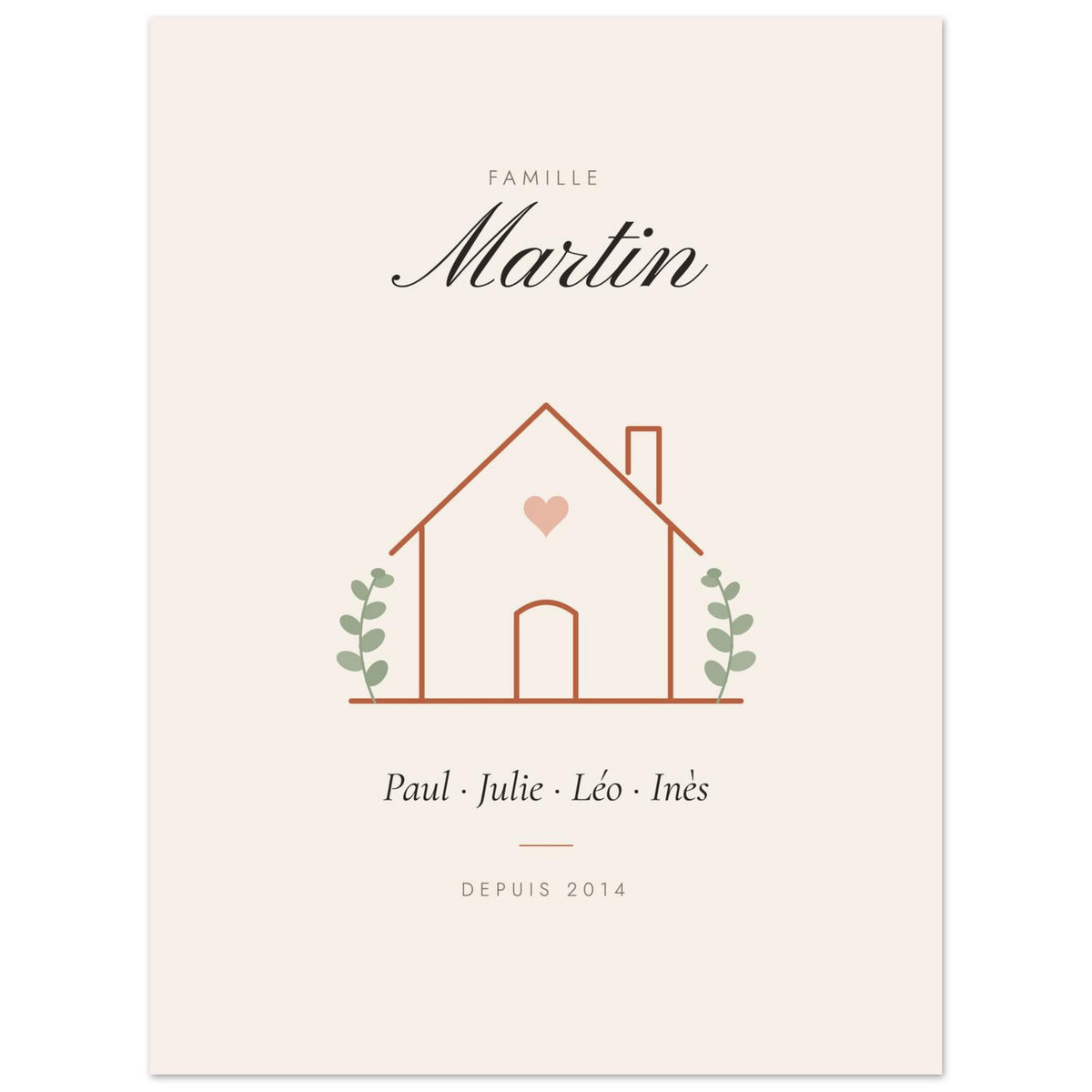 Affiche famille personnalisée Maison, format 45 × 60 cm, vue à plat avec des textes d’exemple