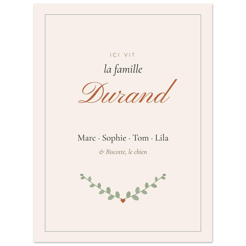Affiche famille personnalisée Ici vit la famille, vue à plat avec des textes d’exemple
