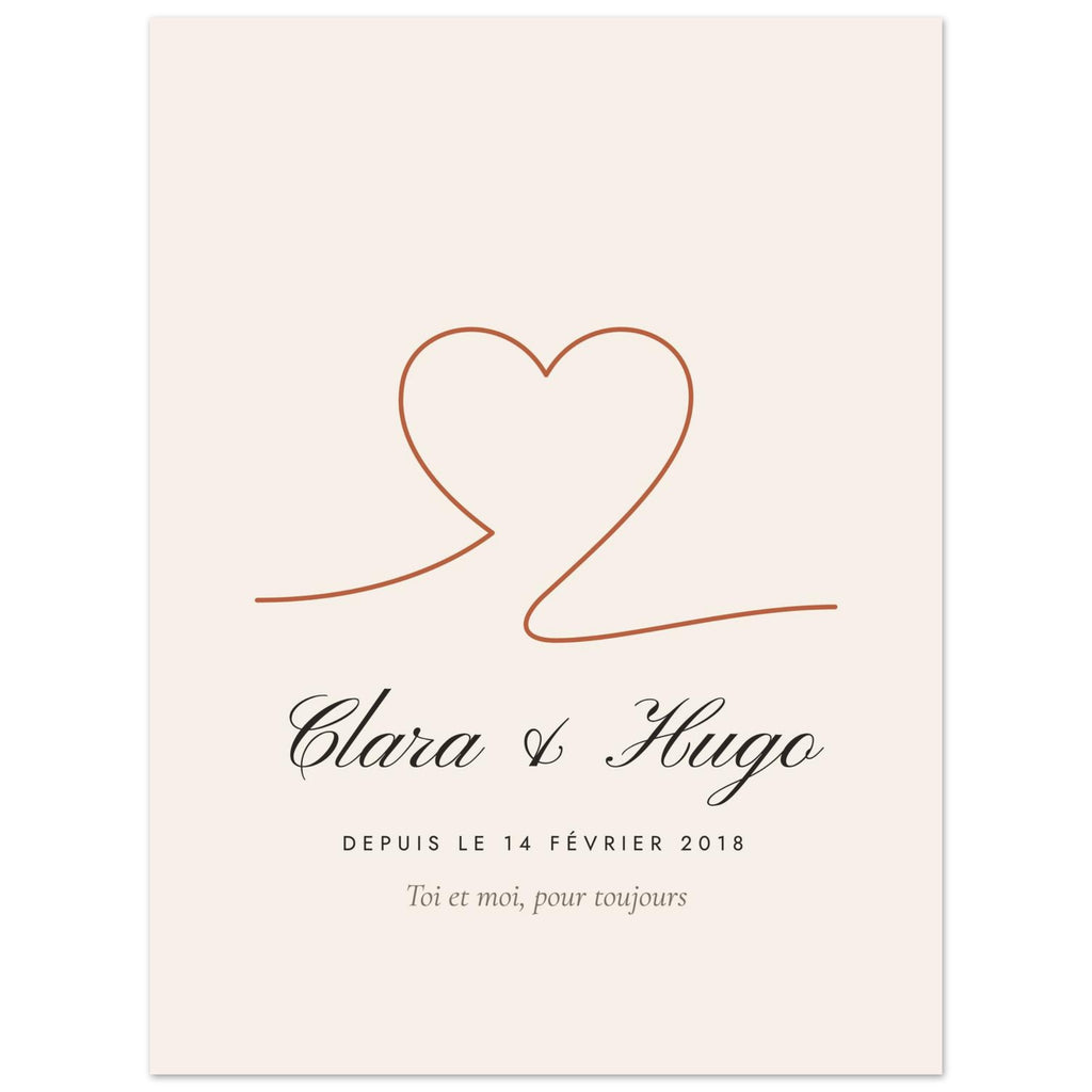 Affiche couple personnalisée Cœur, format 45 × 60 cm, vue à plat avec des textes d’exemple