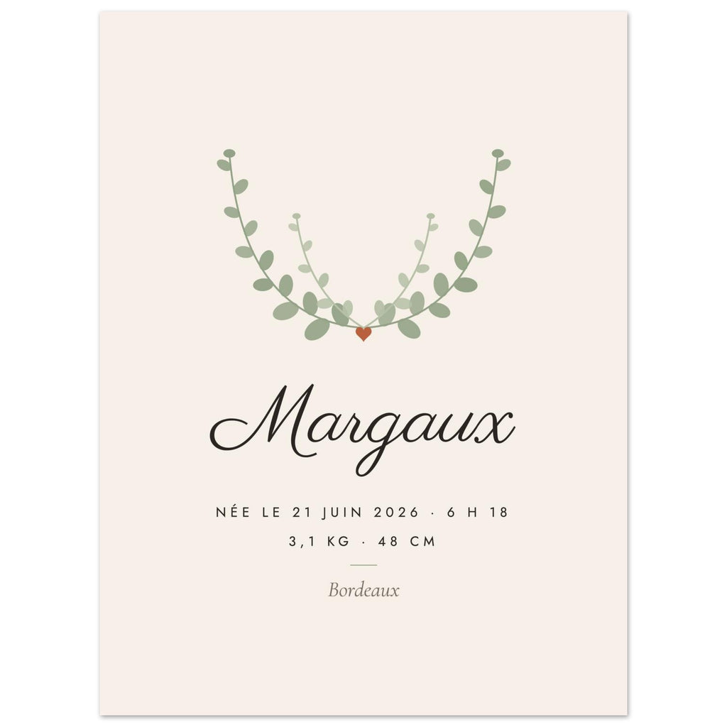 Affiche de naissance personnalisée Botanique, format 45 × 60 cm, vue à plat avec des textes d’exemple