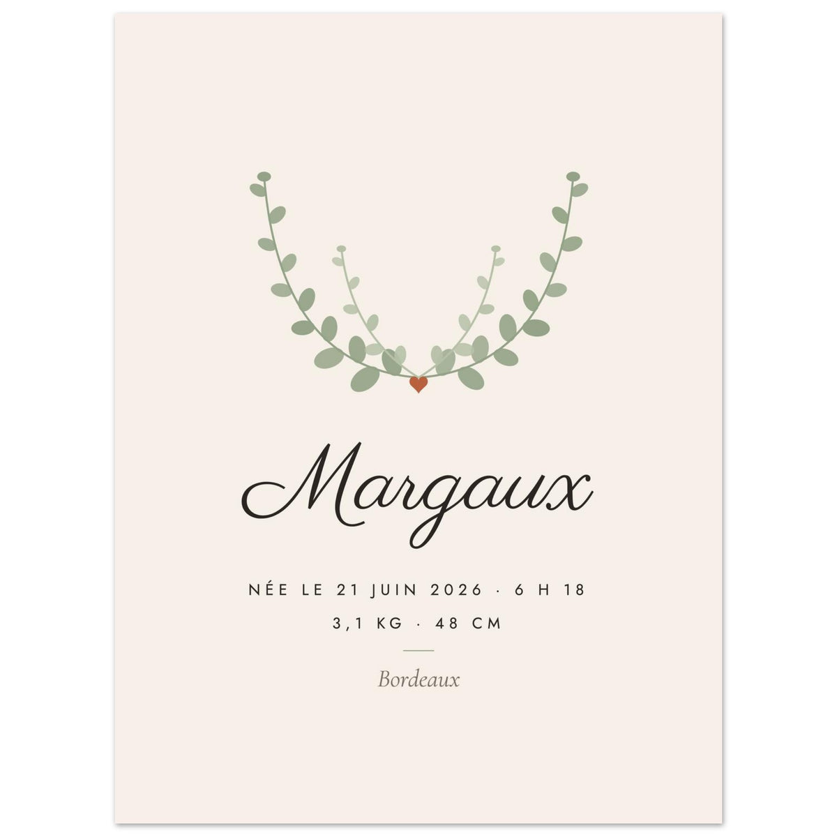 Affiche de naissance personnalisée Botanique, format 45 × 60 cm, vue à plat avec des textes d’exemple