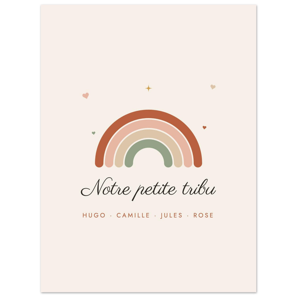 Affiche famille personnalisée Arc-en-ciel, format 45 × 60 cm, vue à plat avec des textes d’exemple