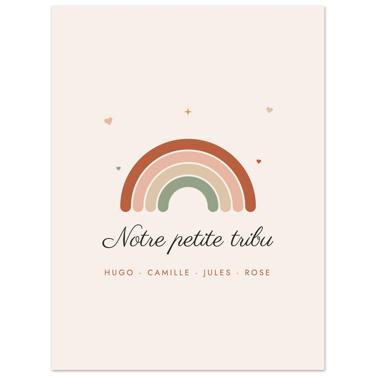 Affiche famille personnalisée Arc-en-ciel, format 45 × 60 cm, vue à plat avec des textes d’exemple