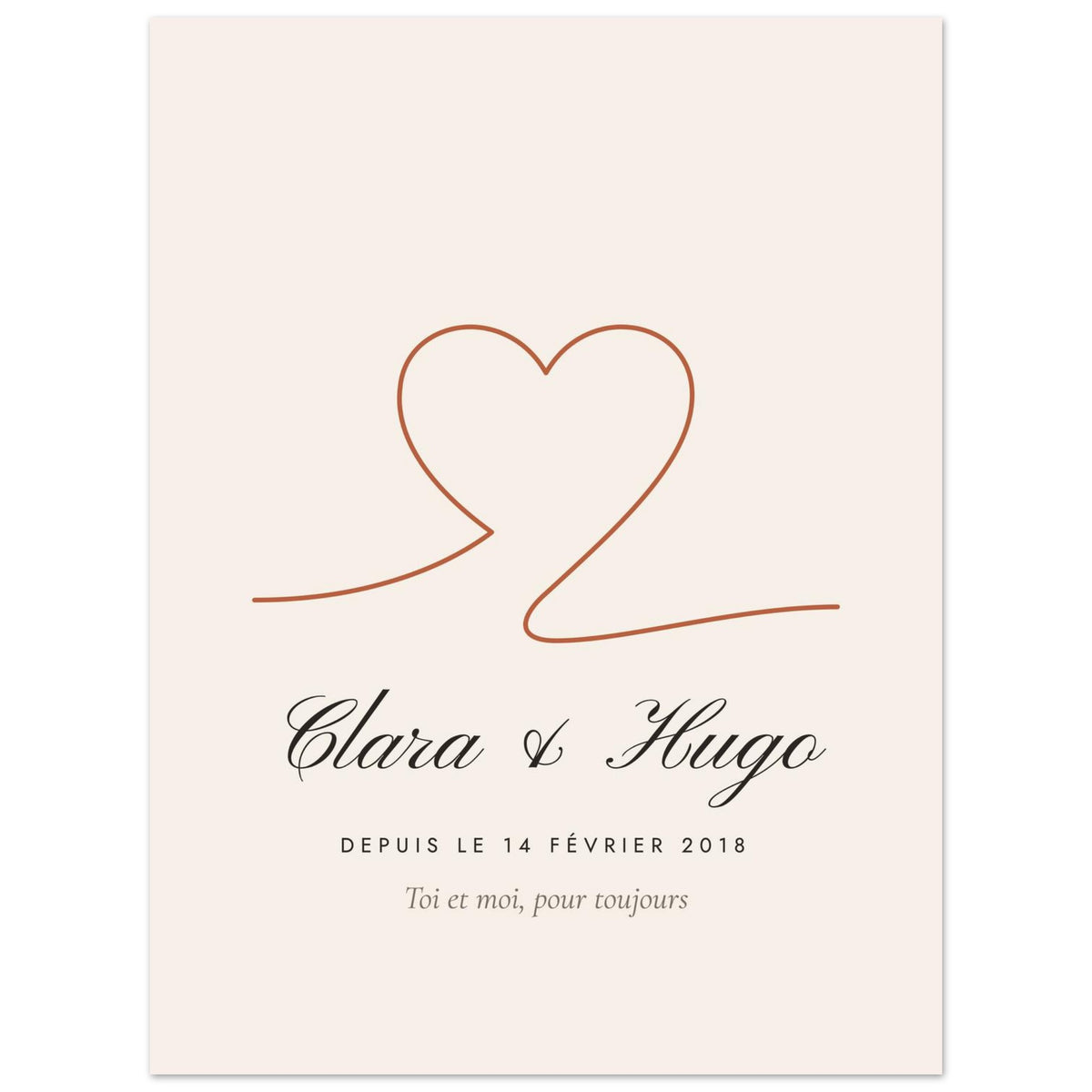 Affiche couple personnalisée Cœur, vue à plat avec des textes d’exemple