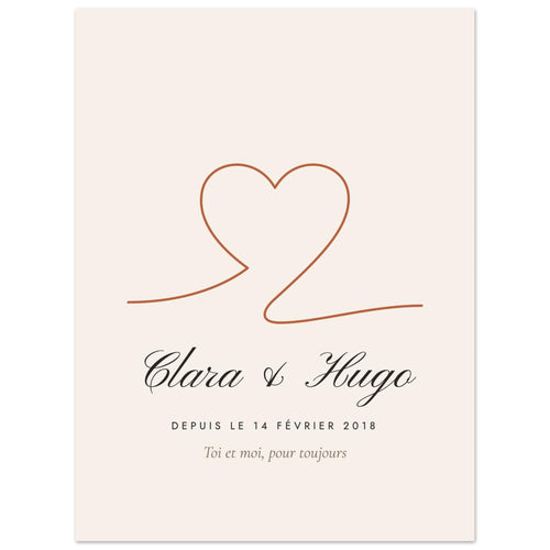 Affiche couple personnalisée Cœur, vue à plat avec des textes d’exemple