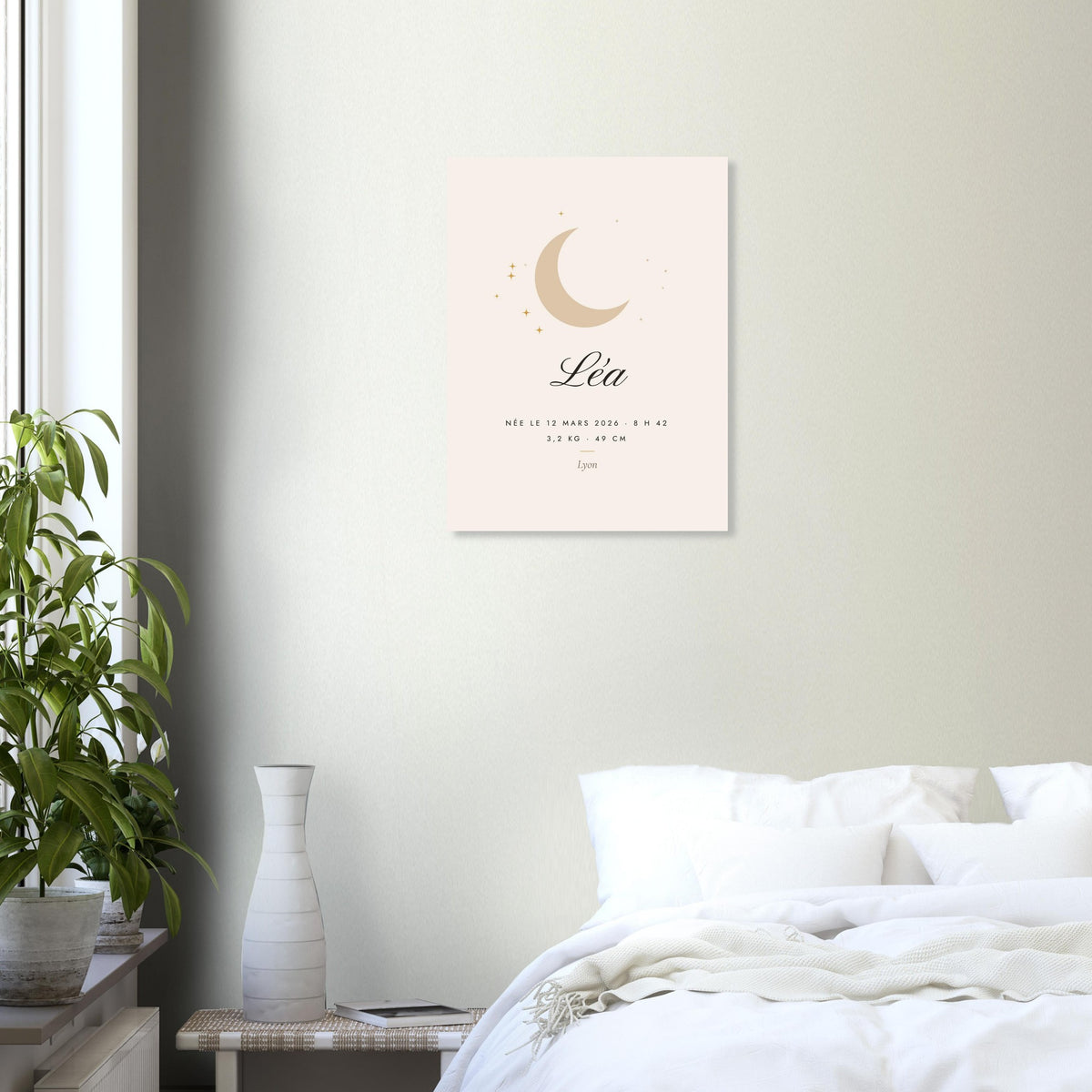 Affiche de naissance personnalisée Lune accrochée au-dessus d’un lit