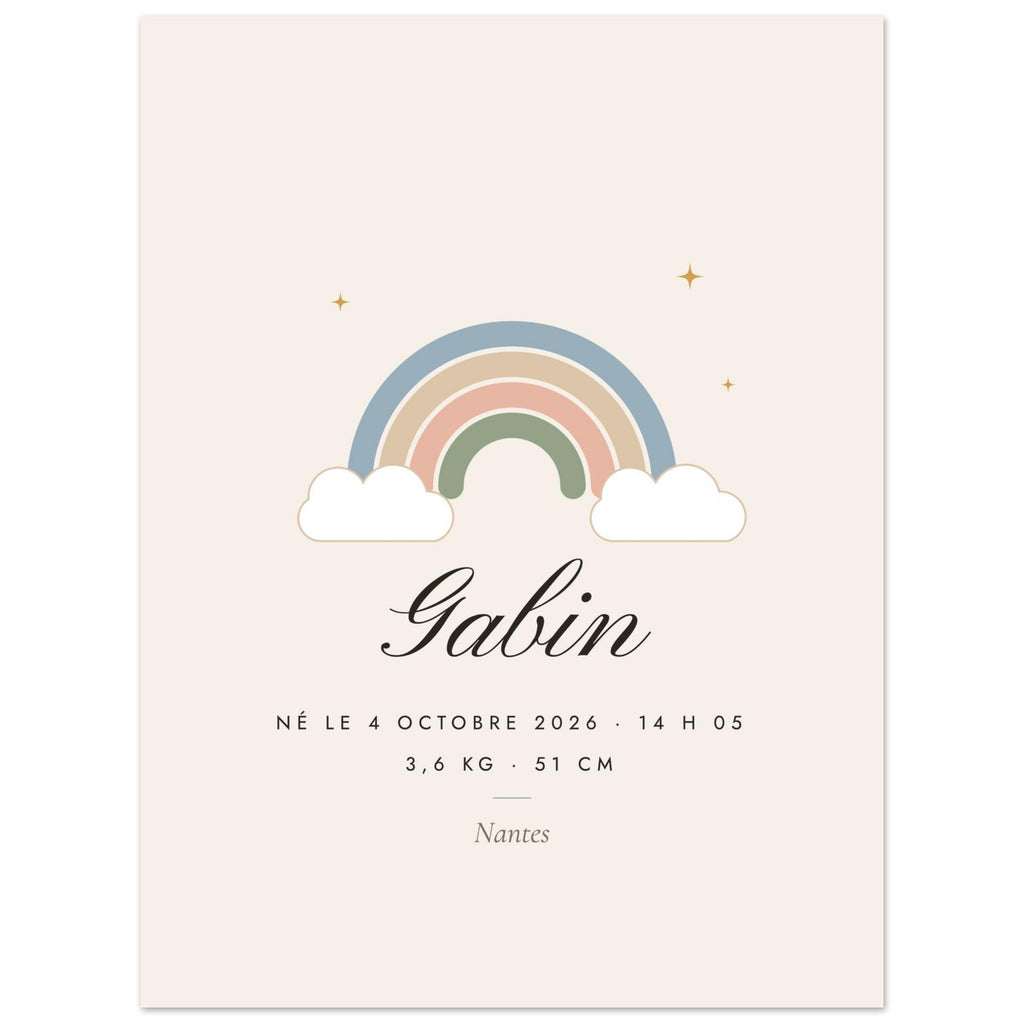 Affiche de naissance personnalisée Arc-en-ciel, vue à plat avec des textes d’exemple