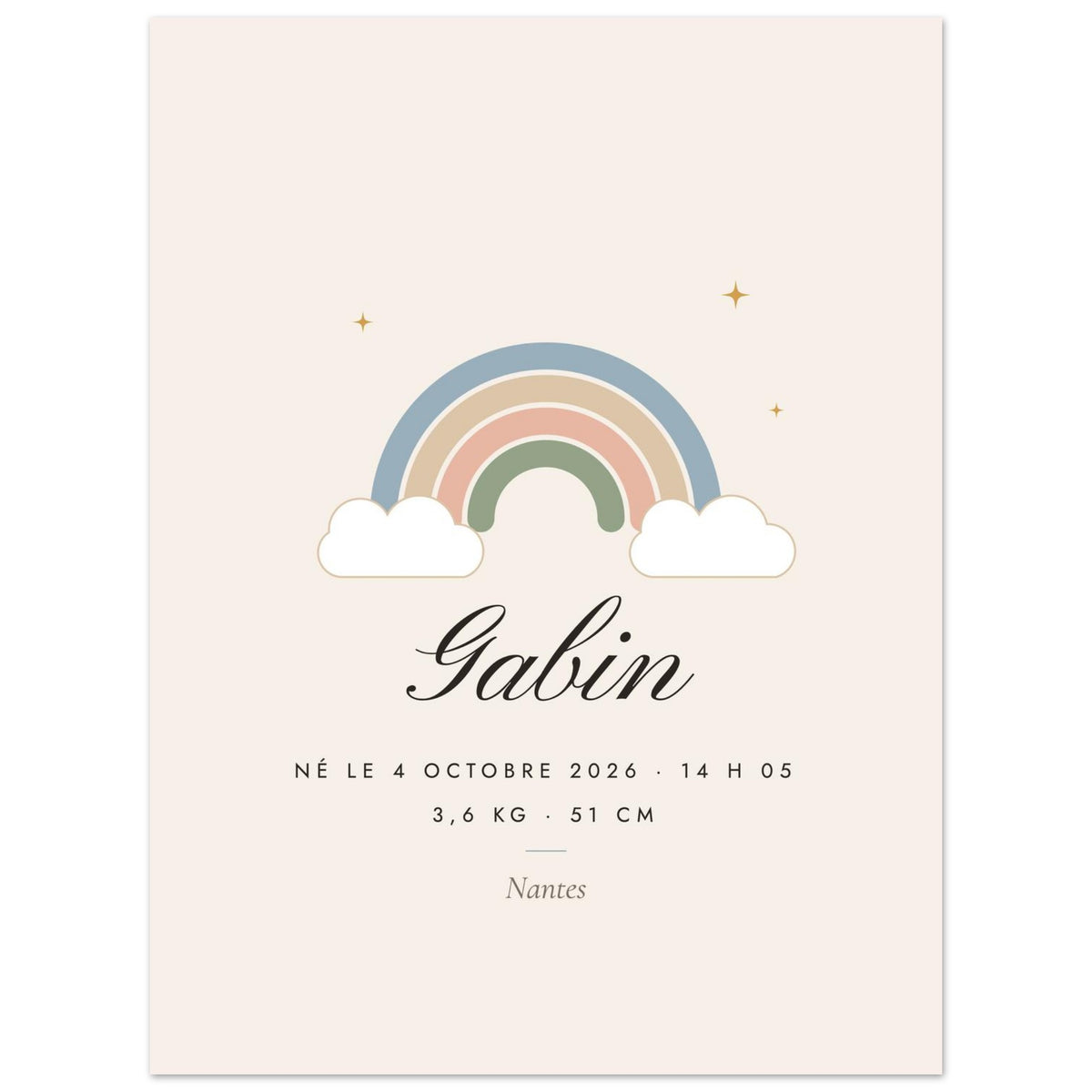 Affiche de naissance personnalisée Arc-en-ciel, vue à plat avec des textes d’exemple