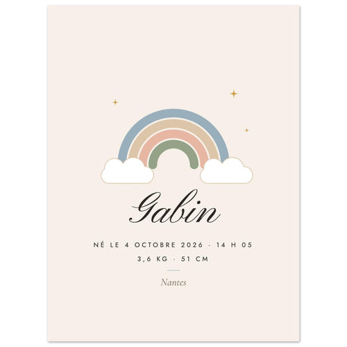 Affiche de naissance personnalisée Arc-en-ciel, vue à plat avec des textes d’exemple