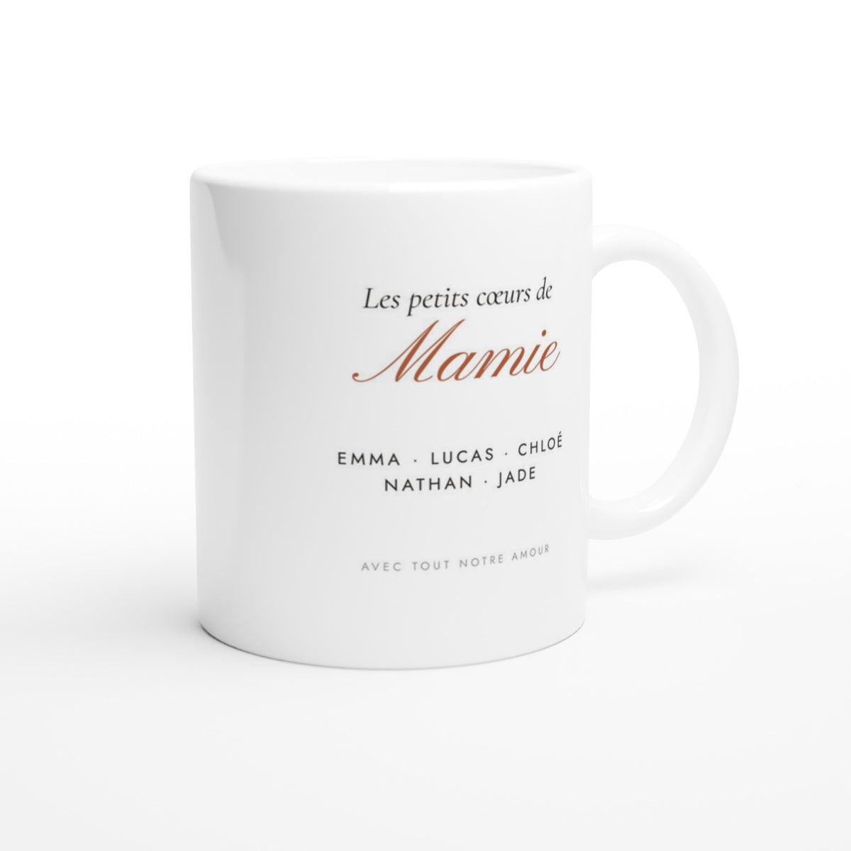 Mug Les petits cœurs de Mamie personnalisé, côté prénoms des petits-enfants