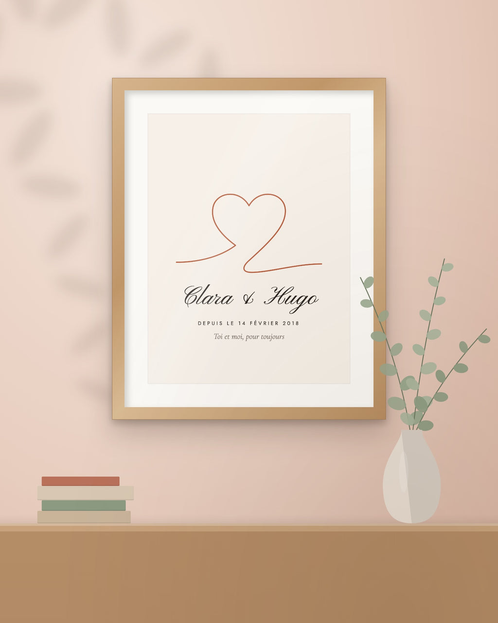 Affiche couple personnalisée Cœur, encadrée dans un intérieur