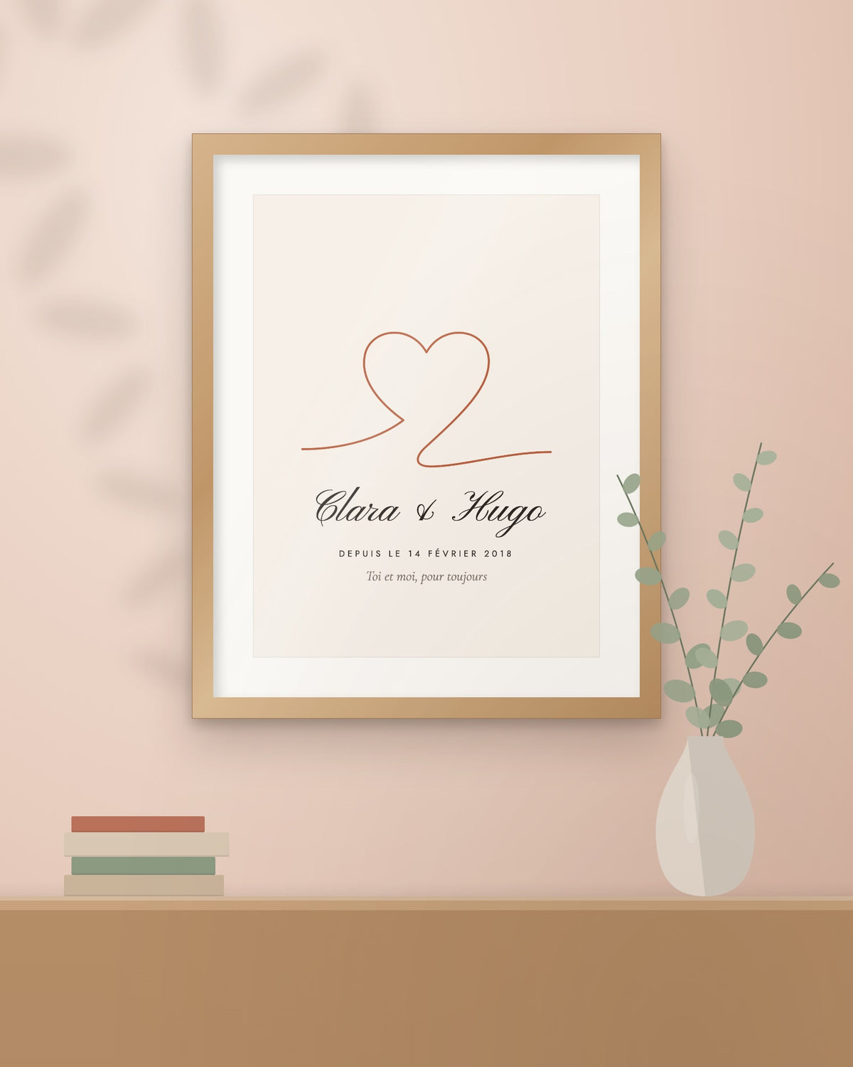 Affiche couple personnalisée Cœur, encadrée dans un intérieur