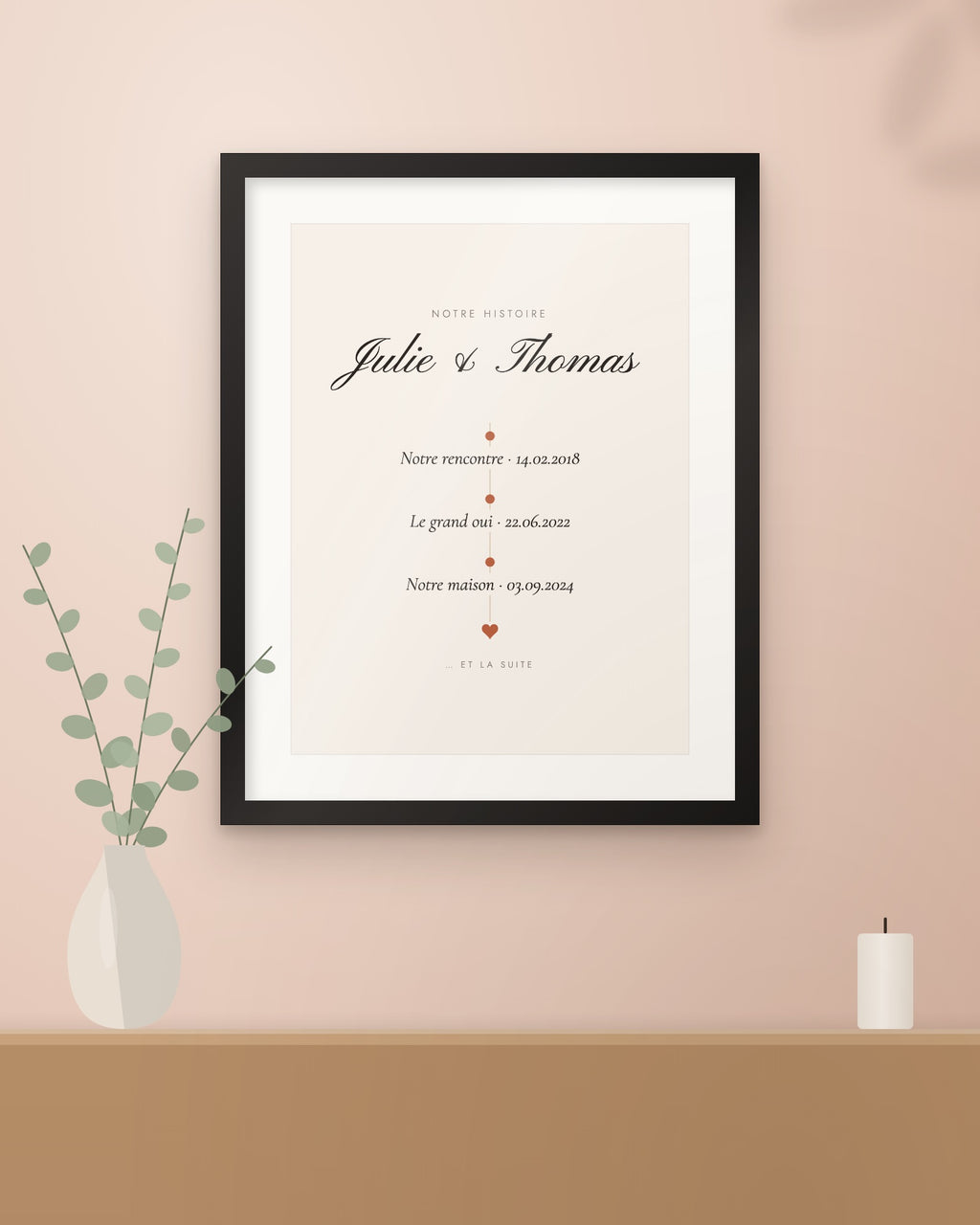 Affiche couple personnalisée Notre histoire, encadrée dans un intérieur
