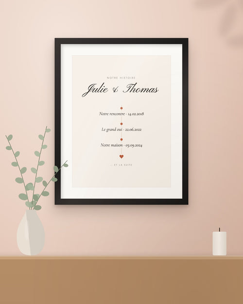 Affiche couple personnalisée Notre histoire, encadrée dans un intérieur