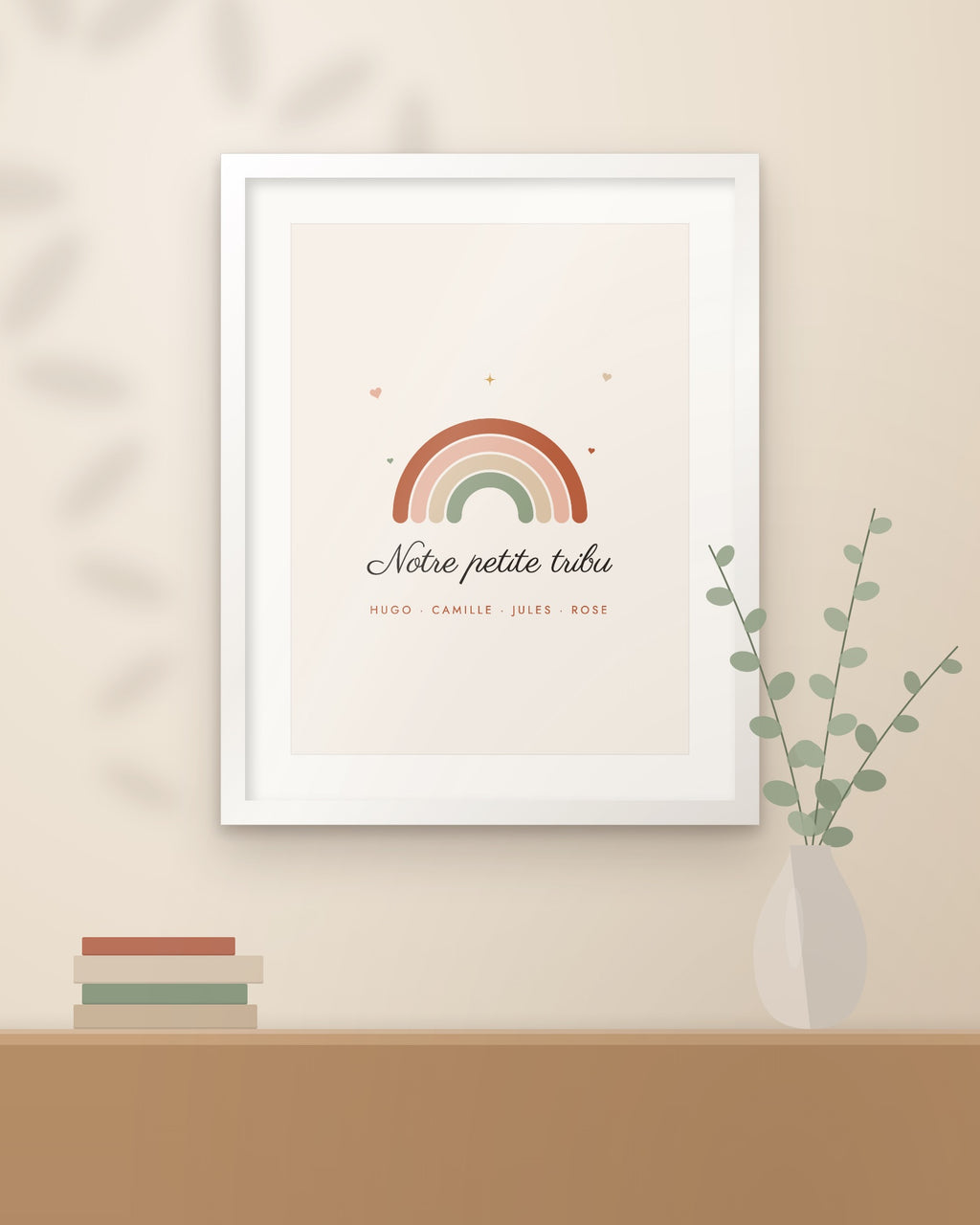 Affiche famille personnalisée Arc-en-ciel, encadrée dans un intérieur
