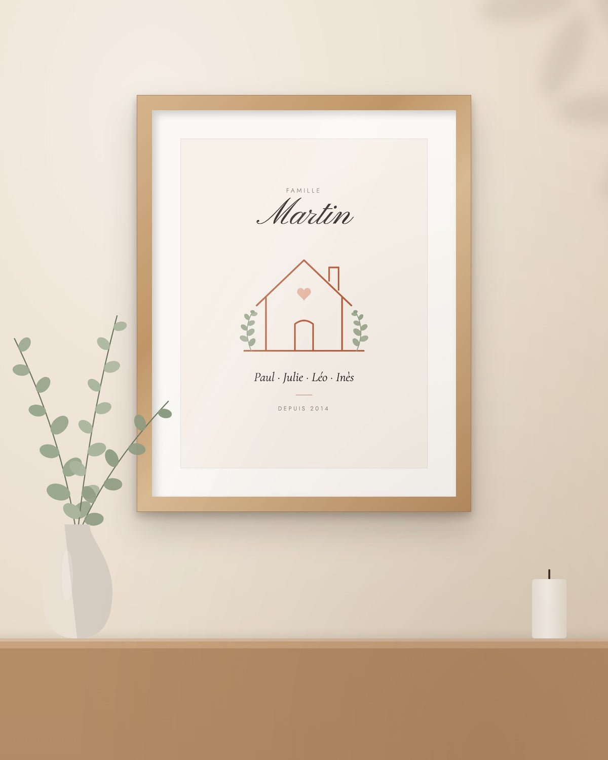 Affiche famille personnalisée Maison, encadrée dans un intérieur