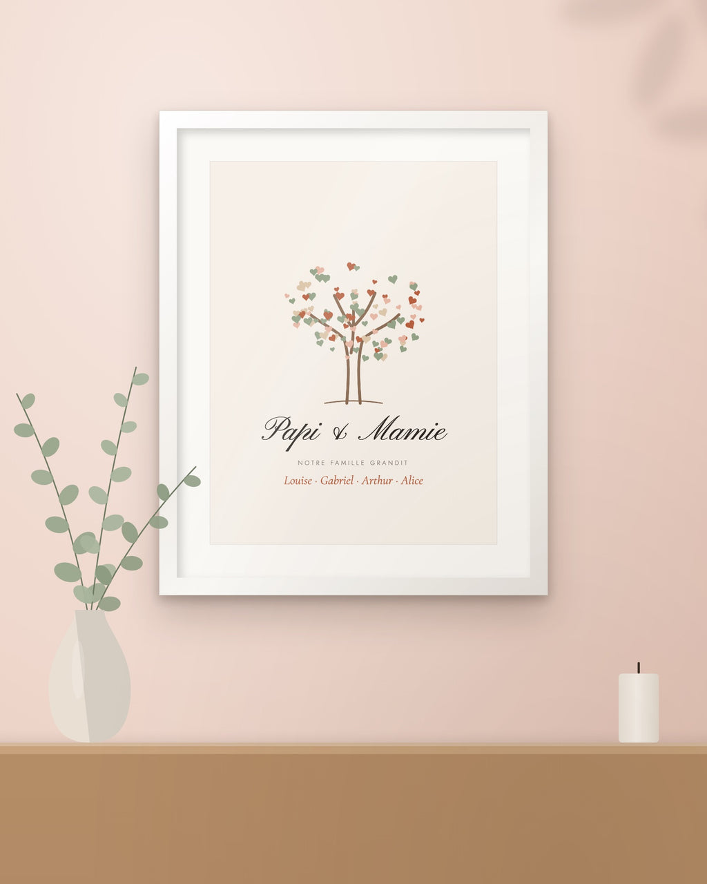 Affiche grands-parents personnalisée Arbre de vie, encadrée dans un intérieur