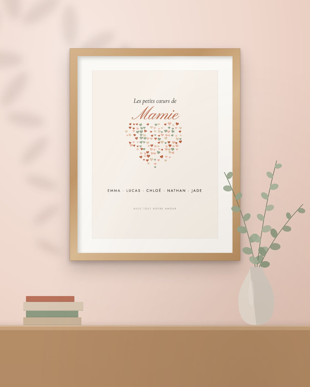 Affiche Les petits cœurs de Mamie personnalisée, encadrée dans un intérieur
