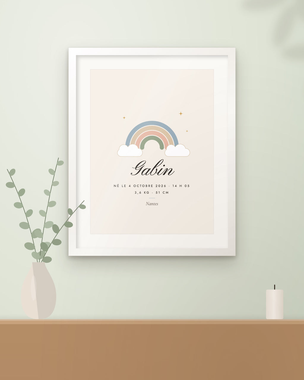 Affiche de naissance personnalisée Arc-en-ciel, encadrée dans une chambre