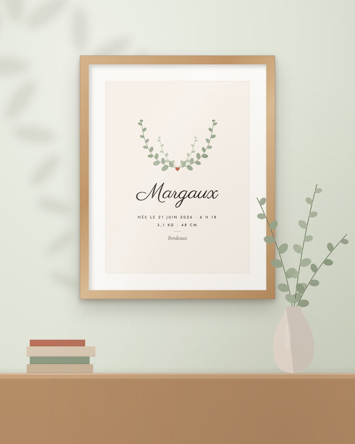 Affiche de naissance personnalisée Botanique, encadrée dans une chambre