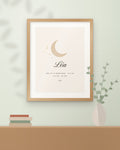 Affiche de naissance personnalisée Lune, encadrée dans une chambre